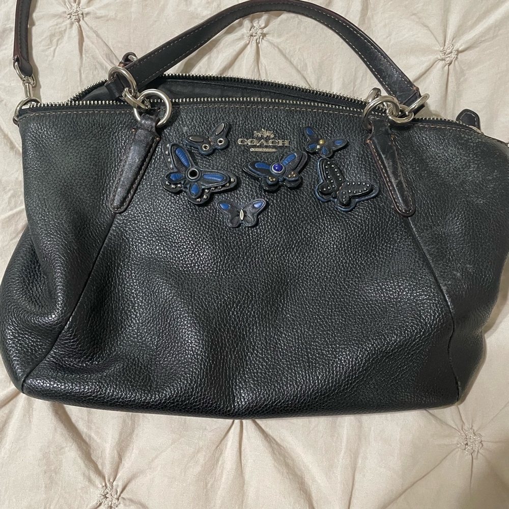 Coach Black Leather Butterfly Embellished Bag